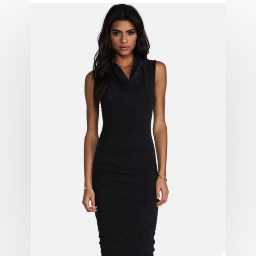 James Perse med cotton spandex black bodycon dress sleeveless cowl neck ruched